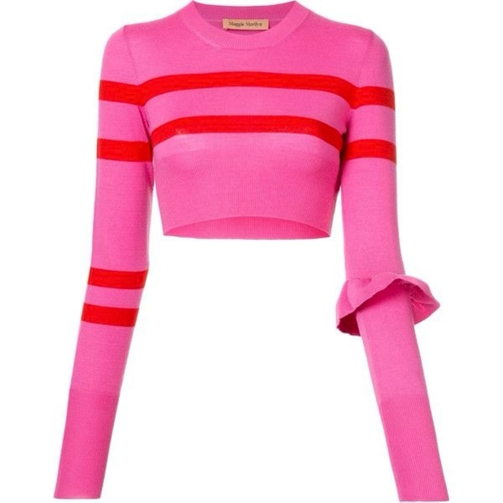 Maggie Marilyn Pink and Red Striped Crop Sweater 100% merino wool